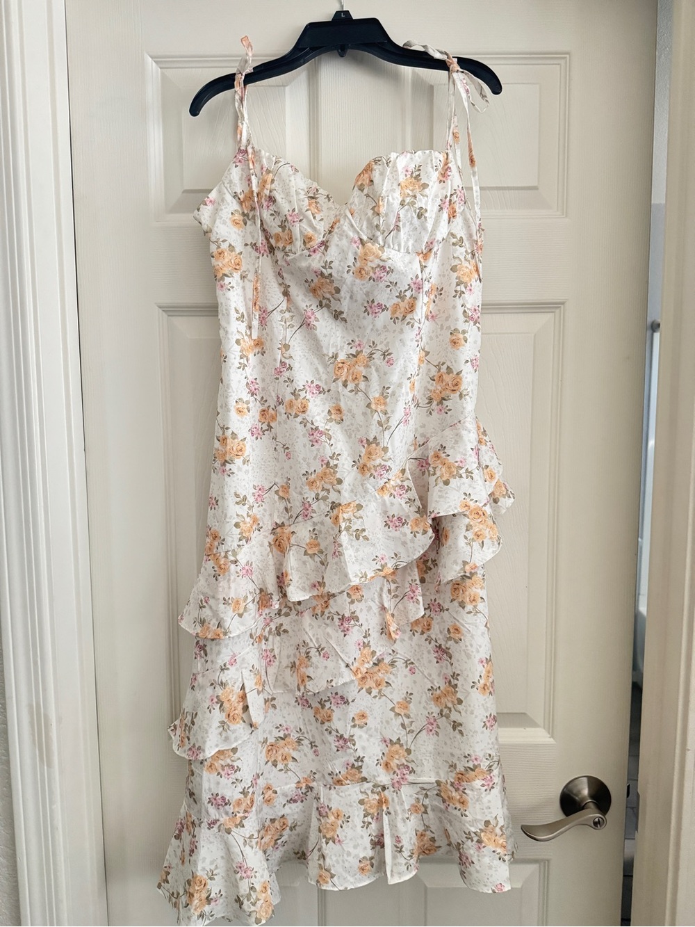 Saks Fifth Avenue Cream Floral Ruffle Midi Dress with Peach Blooms